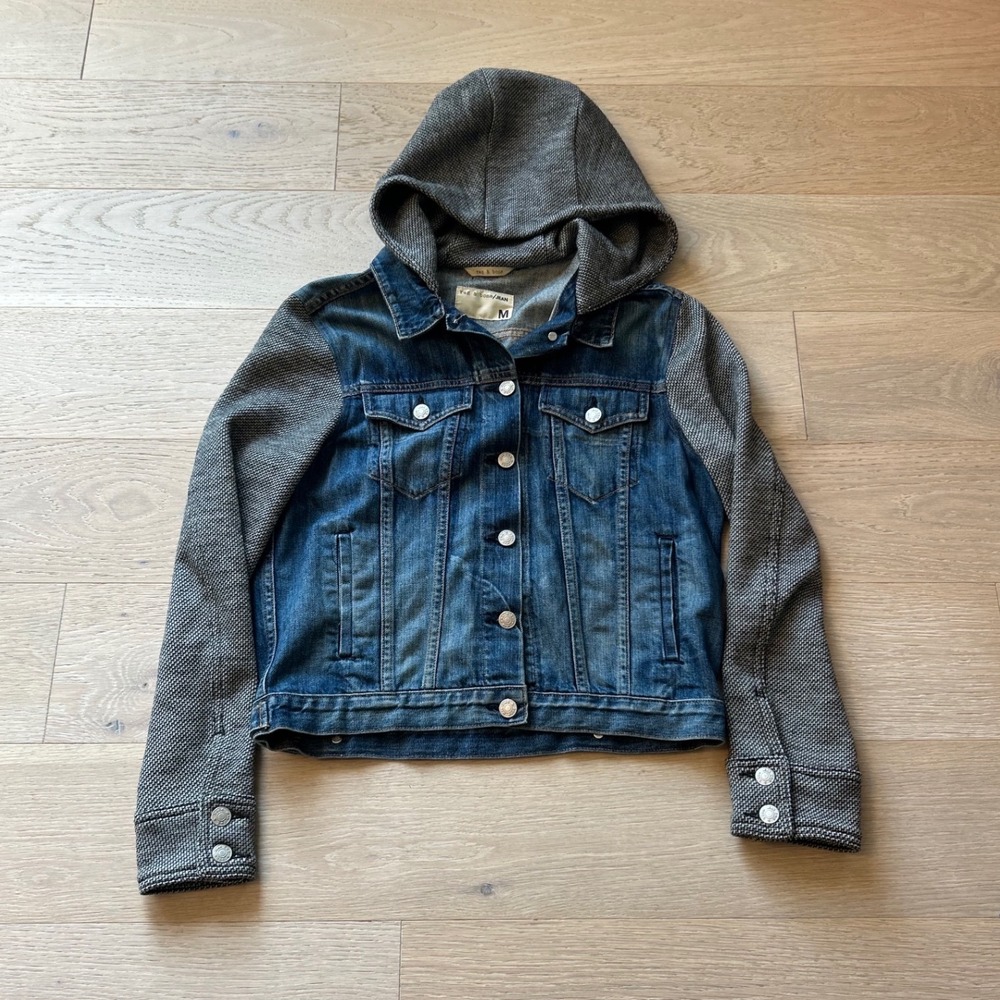 Rag & Bone JEAN Mixed Media Hooded Denim Jacket Blue Gray Knit Sleeve Womens M